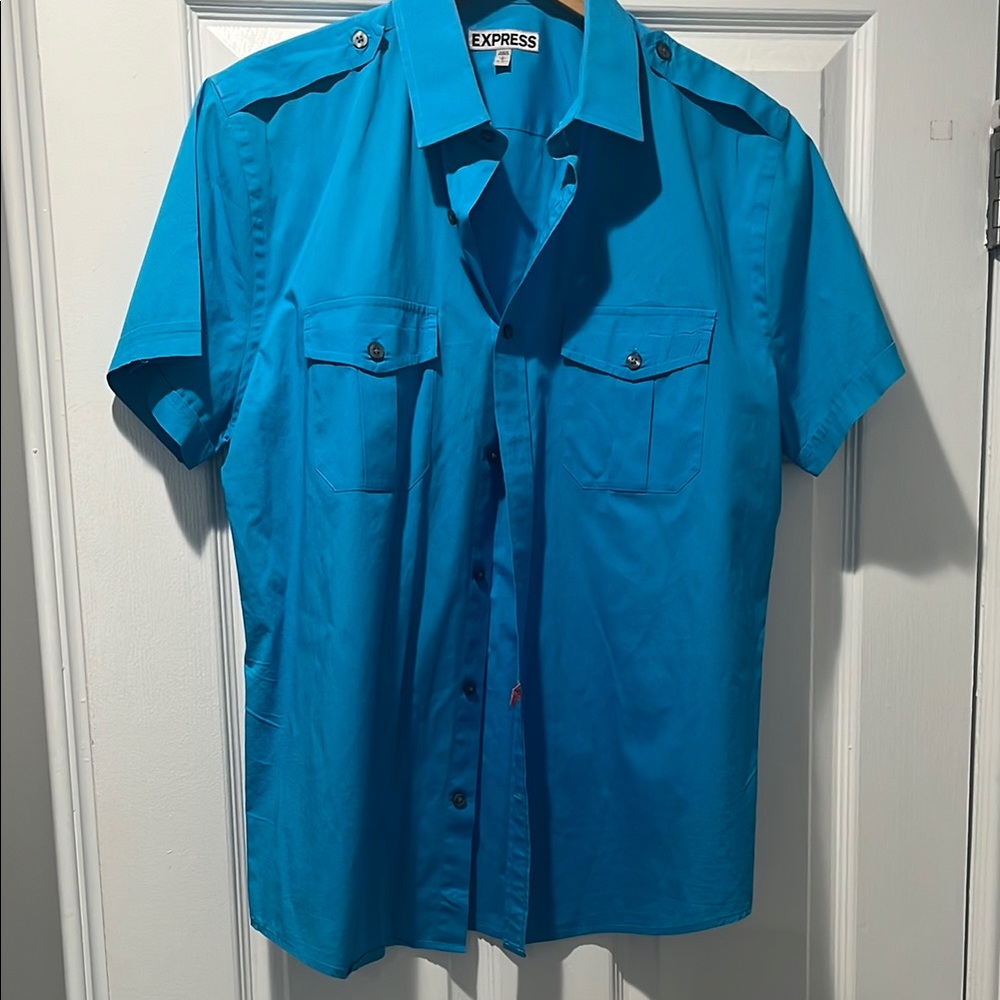Express Blue Fitted Casual Button Down Shirt